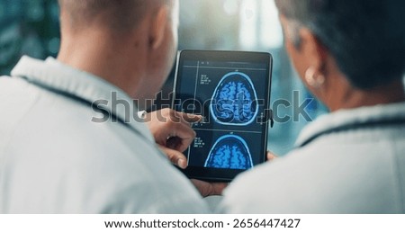 Hands, doctors and tablet for brain scan, neurology and MRI on screen for team collaboration at clinic. People, medical research and healthcare professional with app, xray or neuroscience at hospital