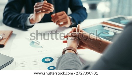 Hands, documents and financial advisor in client, meeting and feedback for trading portfolio. Closeup, professional and people in office, talking and consultation for profit growth or investment deal