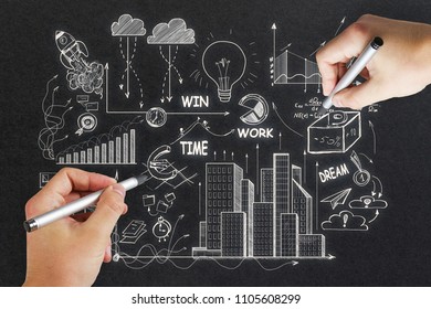 Hands drawing creative business sketch on concrete wall background. Finance and plan concept  - Shutterstock ID 1105608299