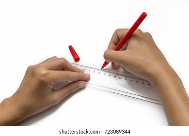 Hands Drawing A Line Using Ruler, Isolated On White Background - Powered by Shutterstock