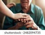 Hands, elderly man and woman in nursing home with support for retirement, assisted living and alzheimer care. Female caregiver, senior patient and touch with kindness for trust, healthcare and help