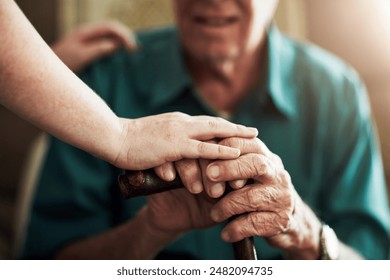 Hands, elderly man and woman in nursing home with support for retirement, assisted living and alzheimer care. Female caregiver, senior patient and touch with kindness for trust, healthcare and help - Powered by Shutterstock