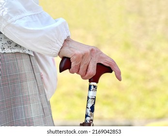 Hands of an elderly person with a cane in lawn background - Shutterstock ID 2169042853