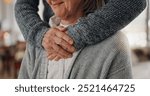 Hands, embrace and senior man with wife in home for comfort, bonding and love in marriage together. Care, empathy and closeup of elderly person hugging woman for connection in relationship at house.