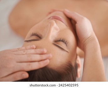 Hands, face and massage woman at spa to relax, wellness and calm at luxury resort for acupressure therapy with masseuse. Closeup, head and person at salon for facial treatment, skincare and beauty - Powered by Shutterstock