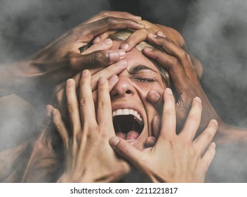 Hands, Face And Woman Abuse Victim With Fear, Mental Health And Pain Scared With Smoke. Crying, Angry And Violence Survivor Screaming In Studio With Dark Background With Stress, Alone And Anxiety.