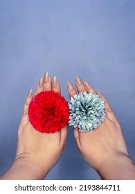 Hands With Fake Nails, Decorated With Red And Blue Flowers And Plain Background