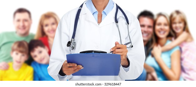 Hands of family Doctor woman. Health care banner background.
