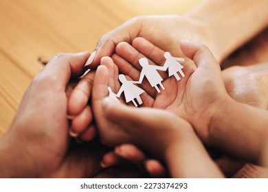 Hands, family and paper cutout, support and connection, link and bonding, foster care and adoption. Palm, parents and child with parenthood, art and craft with solidarity and community with trust