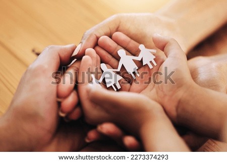 Hands, family and paper cutout, support and connection, link and bonding, foster care and adoption. Palm, parents and child with parenthood, art and craft with solidarity and community with trust