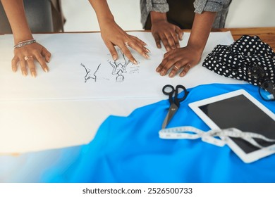 Hands, fashion designer and drawing together at workshop with review process, style and inspiration. Person, partner and sketch with creativity for garment, clothes and tablet at small business - Powered by Shutterstock