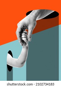 Hands. Father Leads His Son. Modern Design With Positive Context. Continuity Of Generations, Family Values, Love For Neighbors, Help And Support Concept. Сontemporary Art Collage