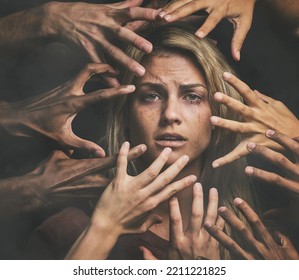 Hands, fear and sad woman with abuse, violence and crying with mental health, scared and anxiety. Portrait of woman with pain, rape and depression of toxic relationship, social conflict and depressed