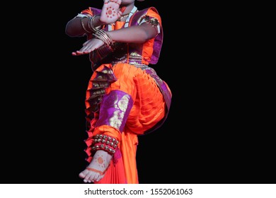 Hands And Feet With Ghunghru In Natraj Dancing Pose Of Indian Classical Bharat Natyam Dancer Black Background