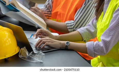 Hands Of A Female Civil Engineer Is Using Computer Notebook To Check Data Or Information Online With Colleagues For New Project Development