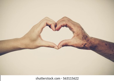 Hands Of The Female Elderly And A Young Woman Forming A Heart Shape Together / Love And Care Elderly People Concept