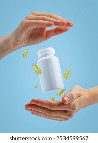 Hands female showing medical plastic bottle mockup as soft-gel capsules pour out. Medicine advertising mockup. Showcasing vitamins, dietary supplements, and nutrition products. Intake of omega-3