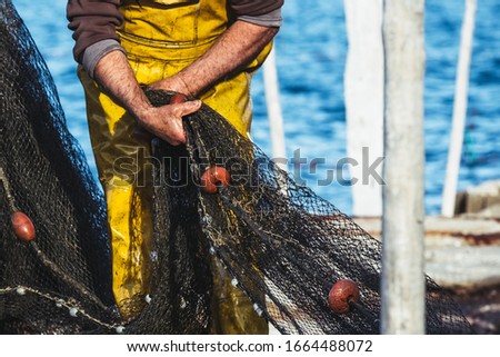 Hands of a fisherman putting away his fishing nets