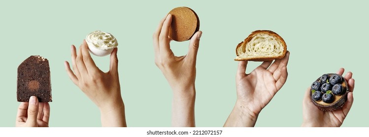 Hands with five different sweet desserts, hands holding on top. Tasting, dessert selection, gastronomy, concept for menu or advertising - Powered by Shutterstock