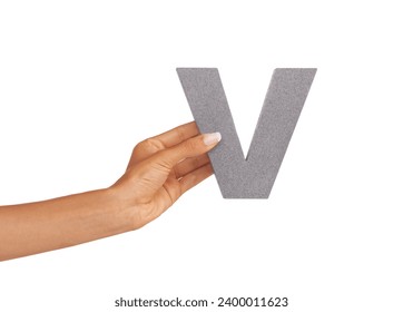 Hands, font and capital letter V in studio isolated on a white background mockup space. Fingers, alphabet and closeup of sign for typo, communication or learning language, character or uppercase icon