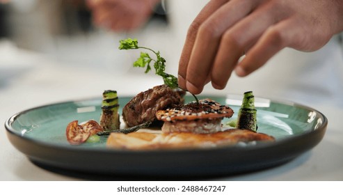 Hands, food and herb of dish for fine dining, culinary institute or luxury restaurant. Chef, healthy protein or garnish on plate for display, catering and hospitality for event in commercial kitchen - Powered by Shutterstock