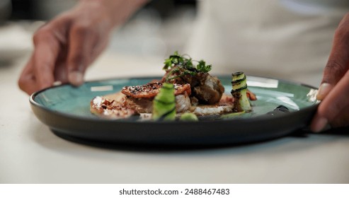 Hands, food or person with ready dish in fine dining, culinary institute or luxury restaurant. Chef, healthy protein or fancy meal on plate for display, catering and hospitality in commercial kitchen - Powered by Shutterstock