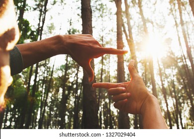 Hands Framing Distant Over View Sun In Forest