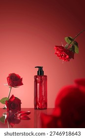 Hands gently touch the pump of the red bottle; the gradient red background highlights its premium texture, showcasing the product's refinement and vitality