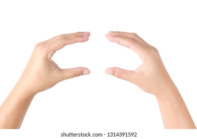 Hands gesture holding hamburger isolated.