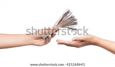 hands giving money isolated on white background