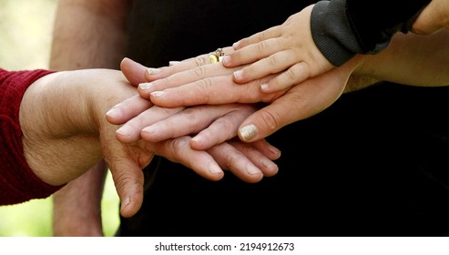 Hands Of A Grandma, Son, Daughter And Child Close-up, Hand In Hand. Next Generation Concept. Four Generation Together. 