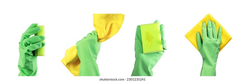 Hands in green gloves with cleaning tools, supplies, gadgets, cloth, wiper, sponge set, isolated on white background. - Powered by Shutterstock