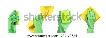 Hands in green gloves with cleaning tools, supplies, gadgets, cloth, wiper, sponge set, isolated on white background. Imagine de stoc © 