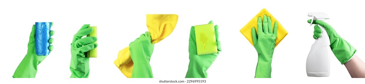 Hands in green gloves holding cleaning supplies, tools, items, washing sponge, cloth, wiper, trash bags, spray bottle isolated on white background.