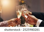 Hands, group and toast champagne at party in celebration, goals or connection for success in career at night. Business people, drinks and alcohol for cheers, congratulations or new year at gala event