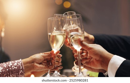 Hands, group and toast champagne at party in celebration, goals or connection for success in career at night. Business people, drinks and alcohol for cheers, congratulations or new year at gala event - Powered by Shutterstock