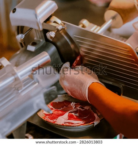 Hands guide meat through a slicing machine. Red slices fall onto a plate below. Gloved fingers ensure precise cuts. The machine hums steadily. Kitchen scene, focused, close-up