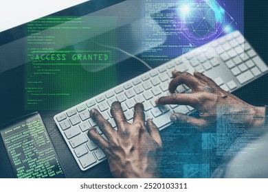Hands, hacker and typing on computer for crime, data breach hologram or cyber attack overlay. Keyboard, closeup or person writing or coding malware, virus or ransomware for spy stealing trade secret