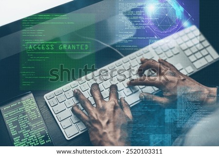 Hands, hacker and typing on computer for crime, data breach hologram or cyber attack overlay. Keyboard, closeup or person writing or coding malware, virus or ransomware for spy stealing trade secret