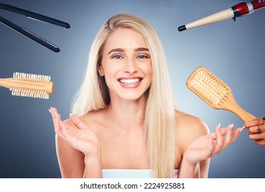 Hands, Hair And Woman In Studio For Beauty, Makeover And Hairstyle Against Grey Background Mockup. Portrait, Model And Professional Team Help With Luxury, Wellness And Hair Care, Tool And Mock Up