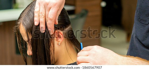 Hands of a hairdresser combing\
the hair of a young woman parted in sections at the\
barbershop