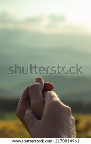 Hands in hand, female and male, hold each other.  Against the backdrop of wild nature, mountains.  Relationships, love, family, marriage, tenderness pattern, wallpaper, poster, post card