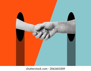 Hands. Handshake of father and kid. Modern design with positive context. Generations. Help, support and agreement between adults and children concept. Сontemporary art collage, trendy  magazine style.