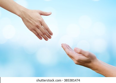 Hands Help Pray Gesture And Give Power On Blur Blue Background For World Healthy Day Concept