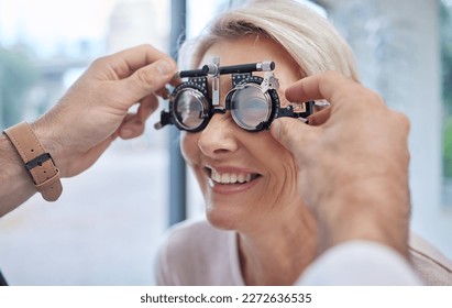 Hands, help or woman in eye exam or vision test for eyesight by doctor, optometrist or ophthalmologist. Optician helping a happy customer to see or check glaucoma or retina health in a consultation - Powered by Shutterstock