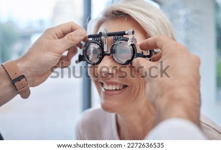 Hands, help or woman in eye exam or vision test for eyesight by doctor, optometrist or ophthalmologist. Optician helping a happy customer to see or check glaucoma or retina health in a consultation