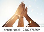 Hands, high five and closeup group of people outdoor for solidarity, trust and goal collaboration. People, commitment and friends with hand in support of success, celebration and partnership or unity