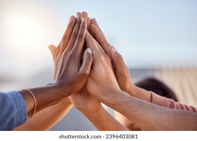 Hands, high five and people in support, teamwork and solidarity of success, agreement goal and diversity. Hand, partnership and celebrate collaboration of community, motivation and winner achievement - Powered by Shutterstock