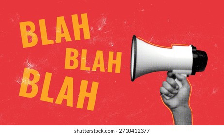 Hands hold a megaphone while expressing messages on a bright red background