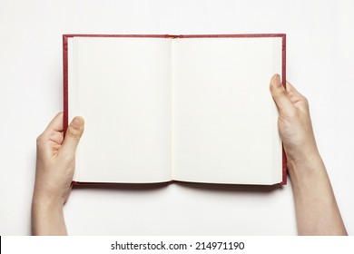 Hands Hold The Red Book(diary) Empty Spread Isolated White.